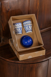 GIFT BOX - 2 MEDIUM ZWAK CUPS AND 1 MAJORELLE BLUE IMPRINT SUGAR BOWL