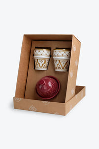 COFFRET CADEAU · coffret 2 moyennes tasses zwak kaki et un beurrier aubergine